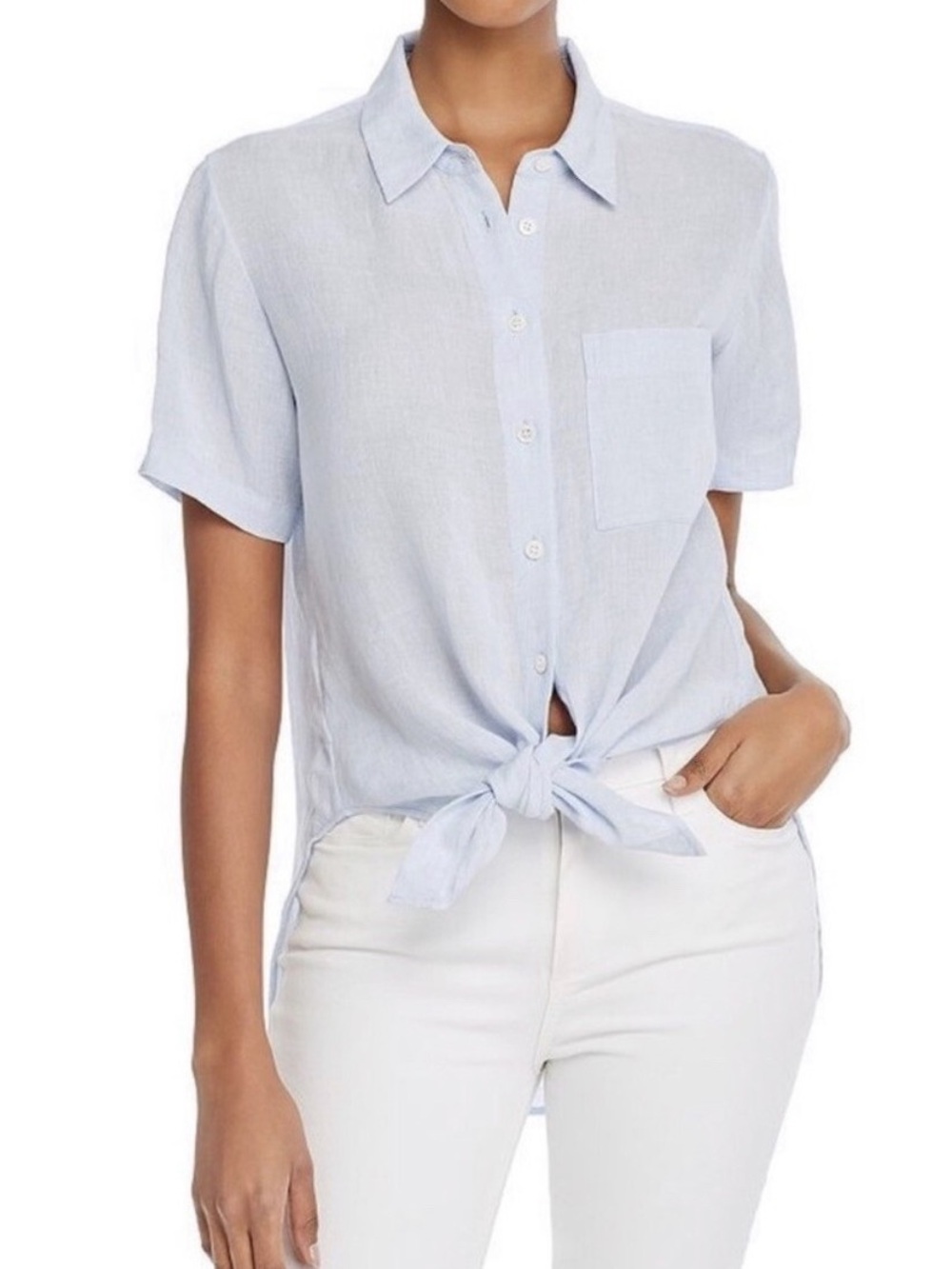 Theory Light Blue Short-Sleeve Tie-Front Button-Down Shirt